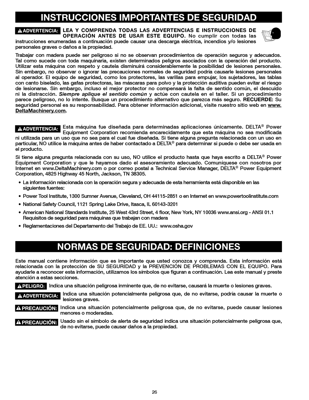 Delta 31-483 operating instructions Instrucciones Importantes DE Seguridad, Normas DE Seguridad Definiciones 