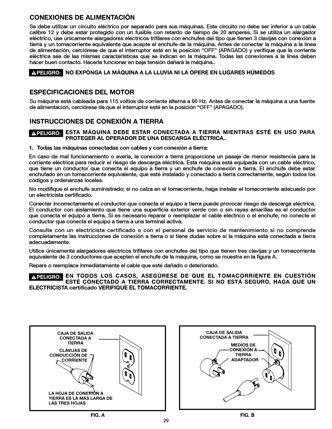 Delta 31-483 Conexiones DE Alimentación, Especificaciones DEL Motor, Instrucciones DE Conexión a Tierra 