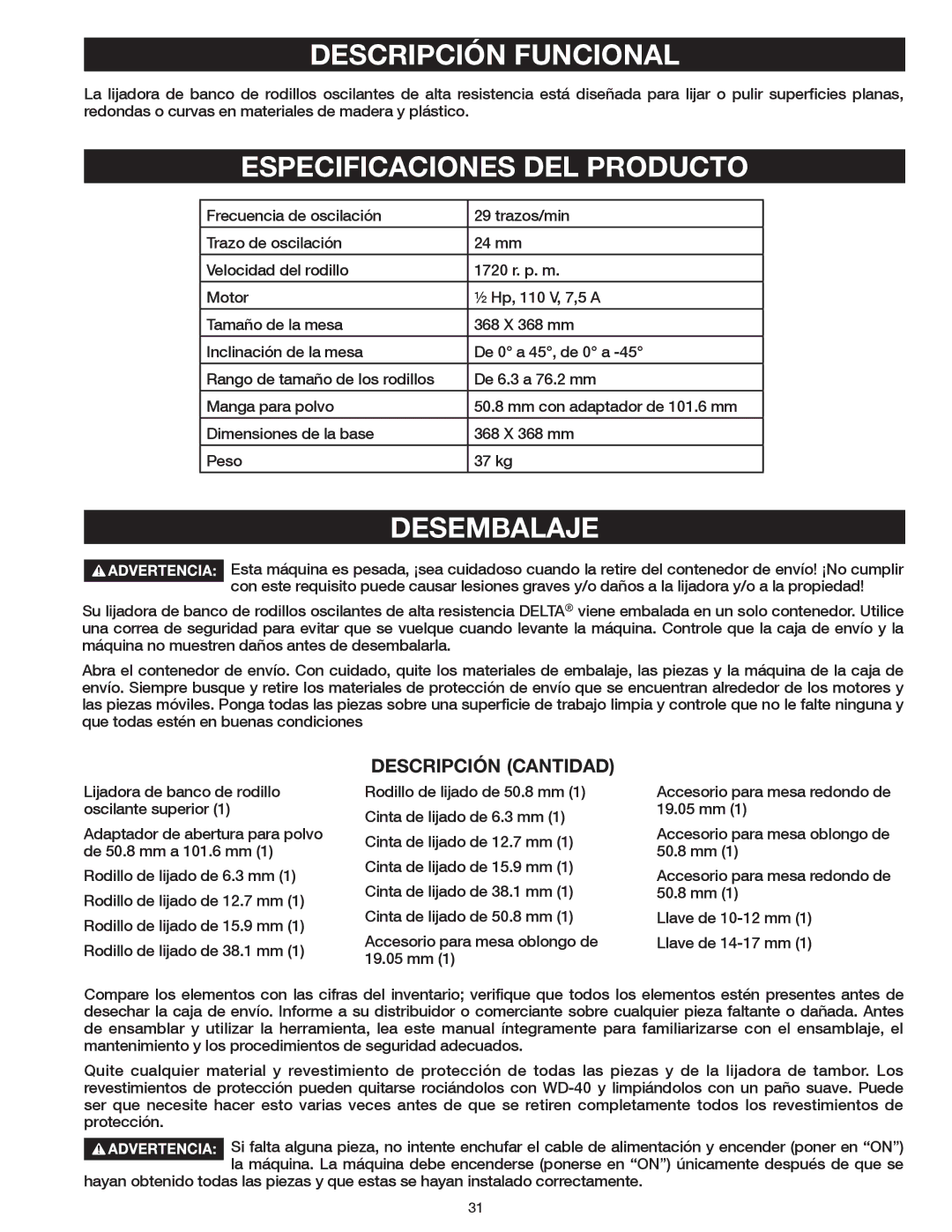 Delta 31-483 operating instructions Descripción Funcional, Especificaciones DEL Producto, Desembalaje, Descripción Cantidad 