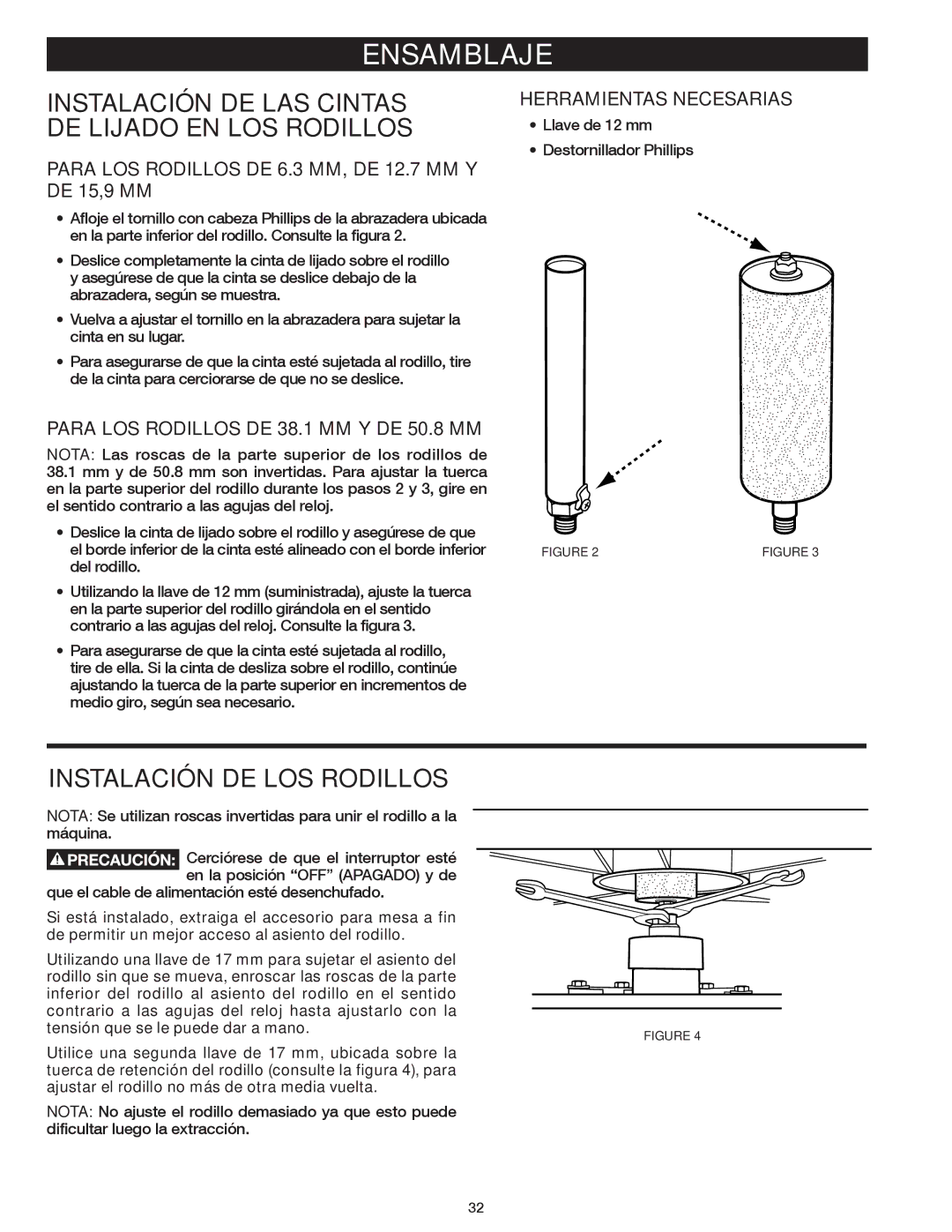 Delta 31-483 Ensamblaje, Instalación DE LAS Cintas DE Lijado EN LOS Rodillos, Instalación DE LOS Rodillos 