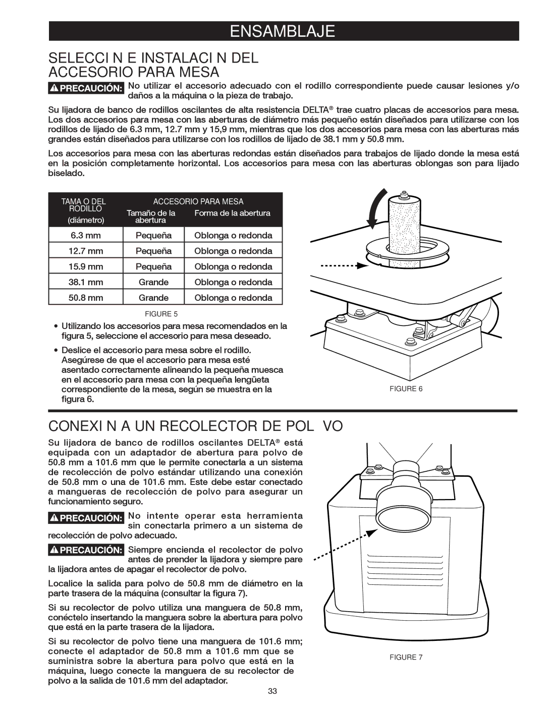 Delta 31-483 operating instructions Selección E Instalación DEL Accesorio Para Mesa, Conexión a UN Recolector DE Polvo 