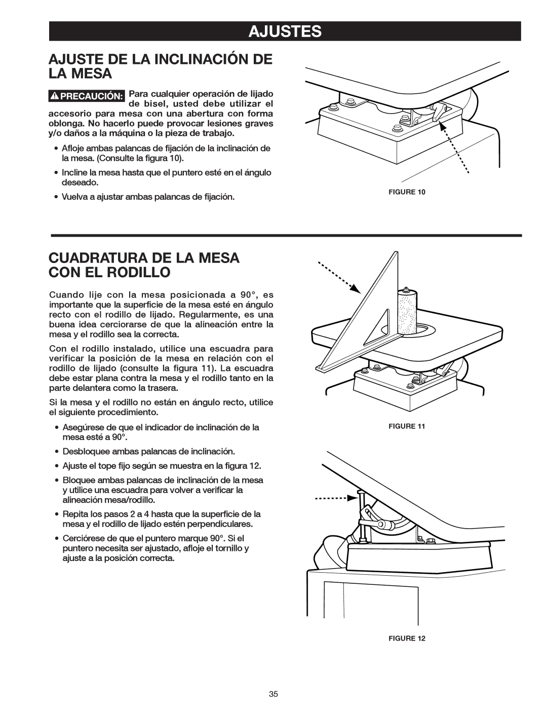 Delta 31-483 operating instructions Ajustes, Ajuste DE LA Inclinación DE LA Mesa, Cuadratura DE LA Mesa CON EL Rodillo 