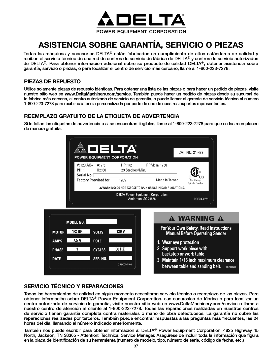 Delta 31-483 operating instructions Asistencia Sobre GARANTÍA, Servicio O Piezas, Servicio Técnico Y Reparaciones 