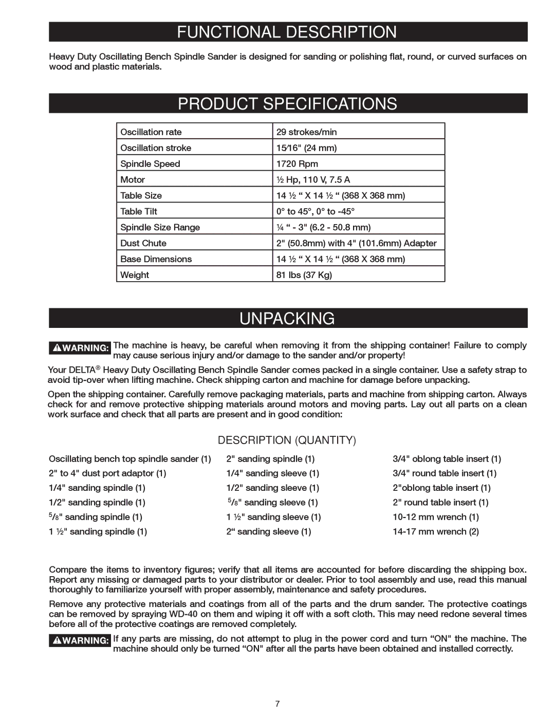 Delta 31-483 operating instructions Functional Description, Product Specifications 