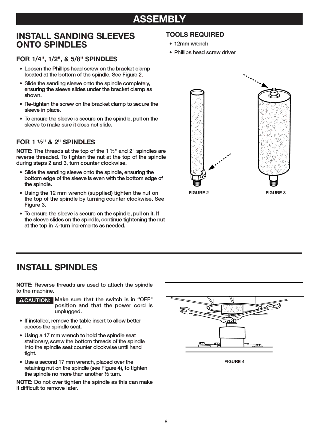 Delta 31-483 operating instructions Assembly, Install Sanding Sleeves Onto Spindles, Install Spindles 