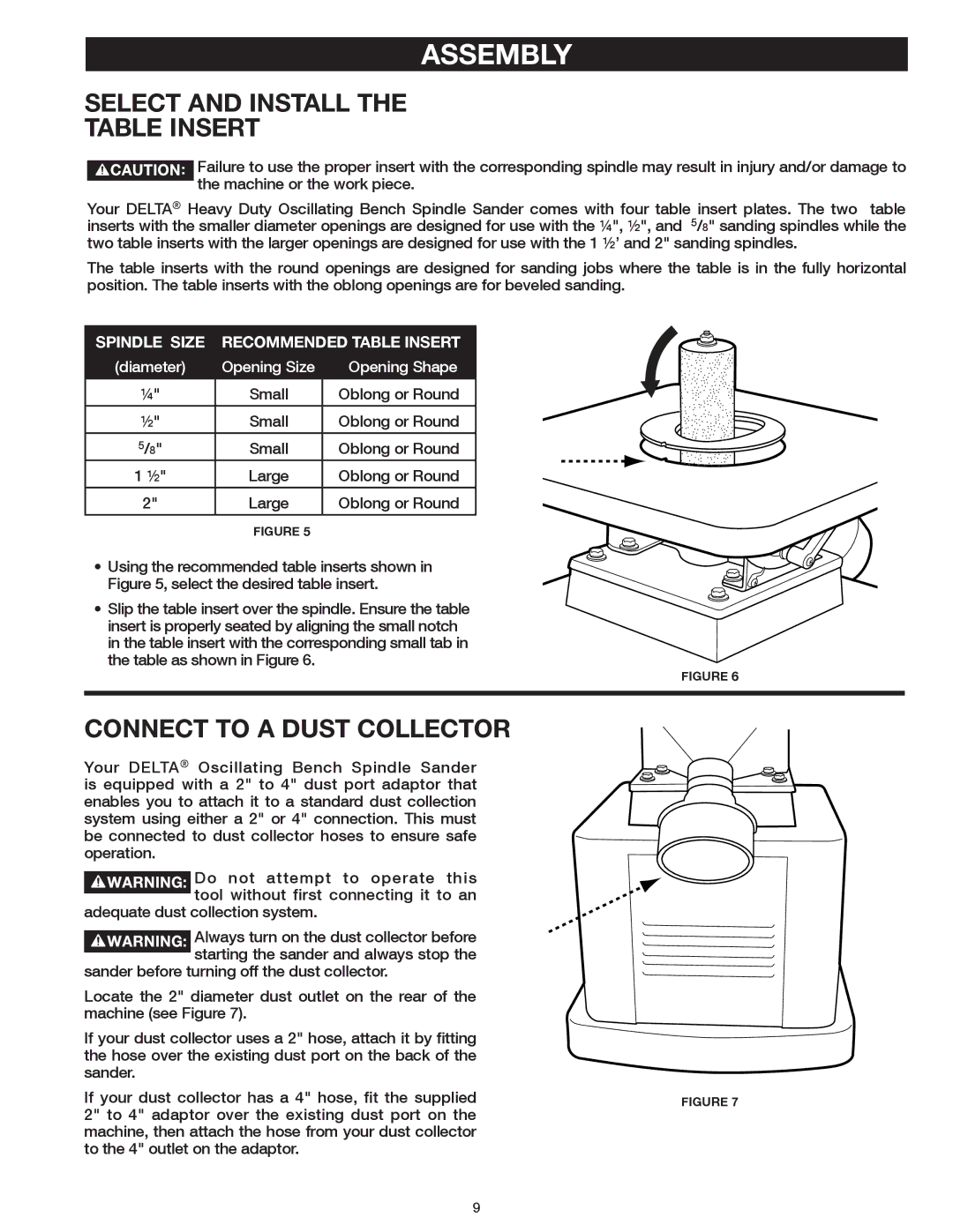 Delta 31-483 operating instructions Select and Install Table Insert, Connect to a Dust Collector 