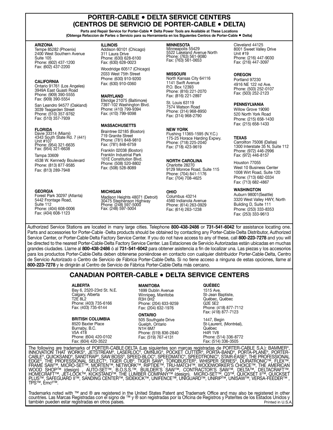 Delta 31-552 instruction manual Canadian PORTER-CABLE Delta Service Centers 