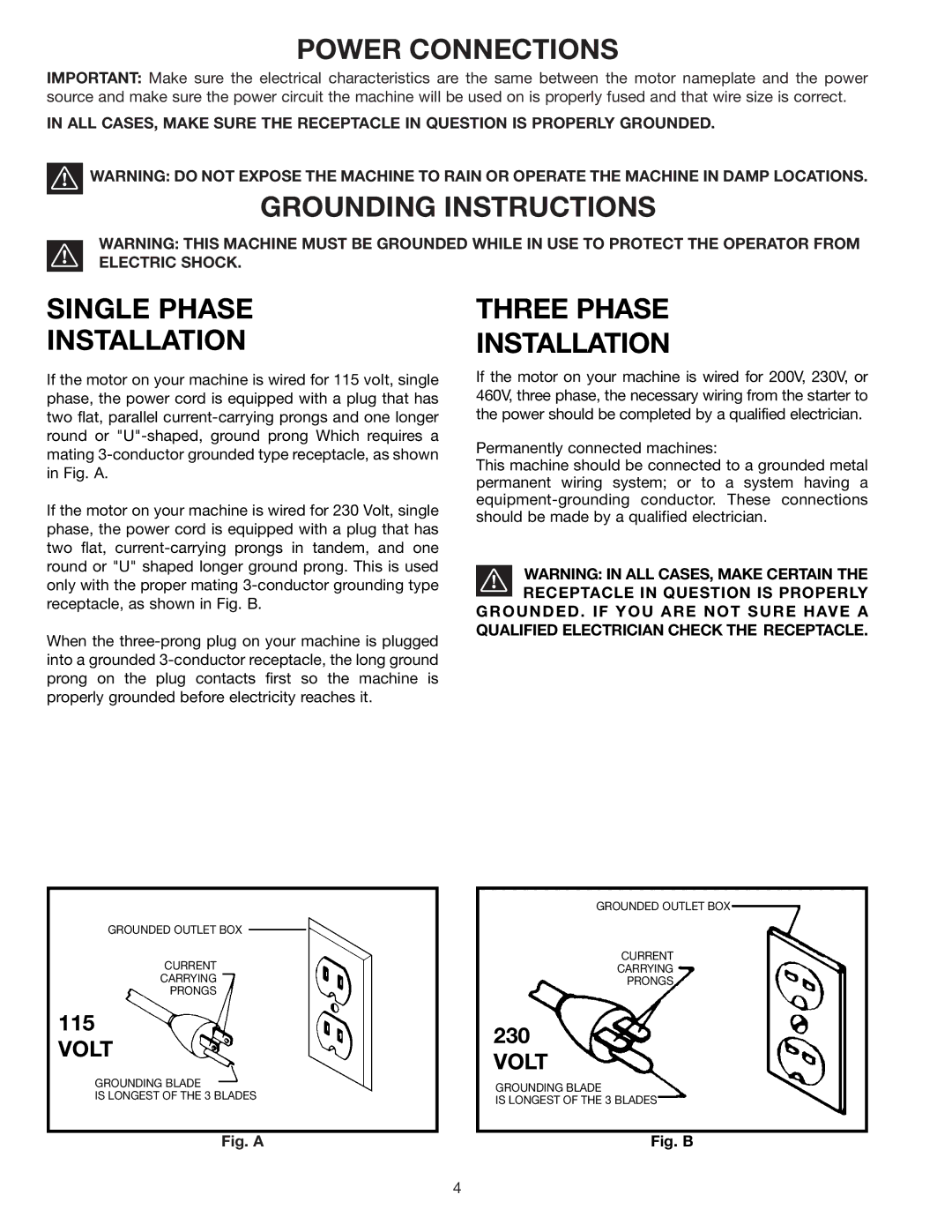 Delta 31-552 Power Connections, Grounding Instructions, Single Phase Installation, Three Phase Installation 