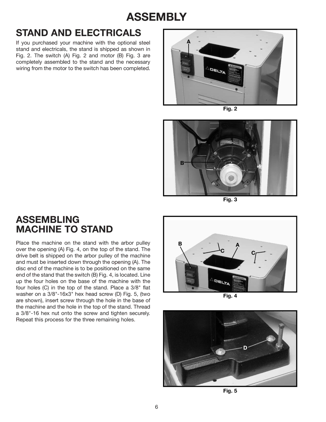 Delta 31-552 instruction manual Assembly, Stand and Electricals, Assembling Machine to Stand 