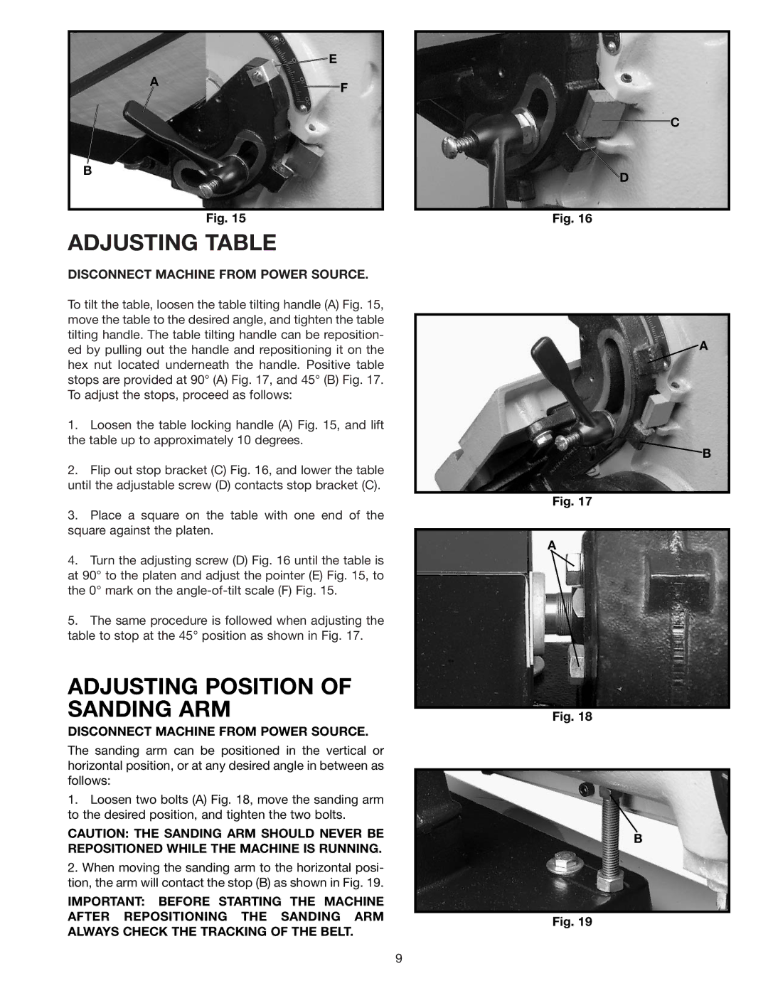 Delta 31-552 instruction manual Adjusting Table, Adjusting Position of Sanding ARM 