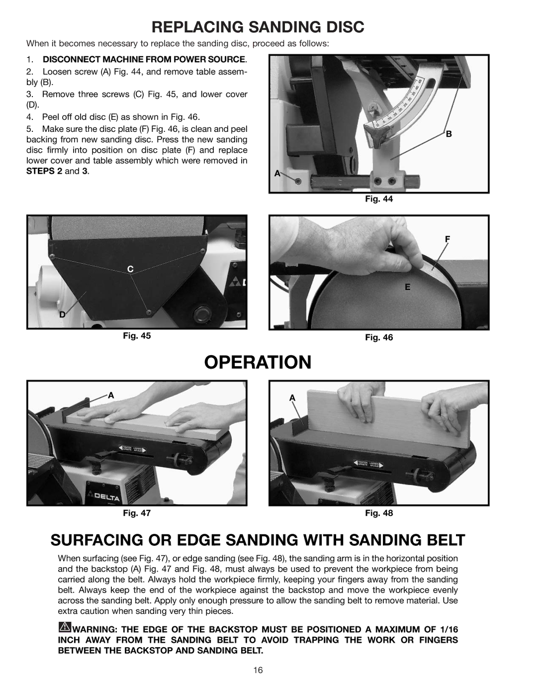 Delta 31-695 instruction manual Replacing Sanding Disc, Surfacing or Edge Sanding with Sanding Belt 