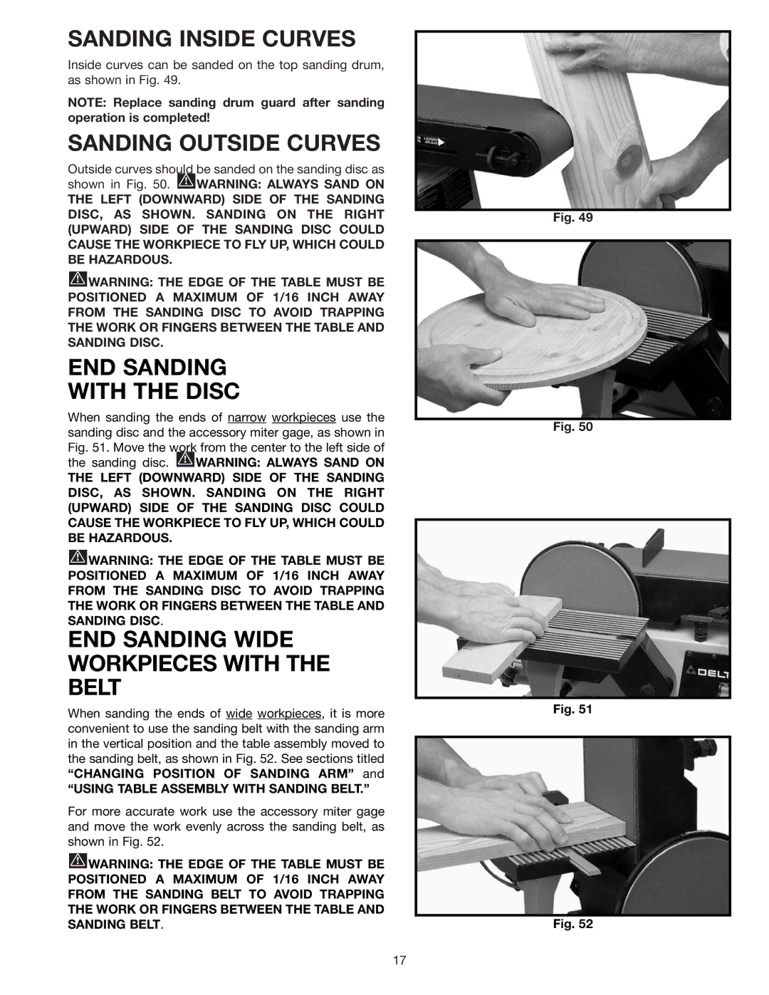 Delta 31-695 instruction manual Sanding Inside Curves, Sanding Outside Curves, END Sanding With the Disc 