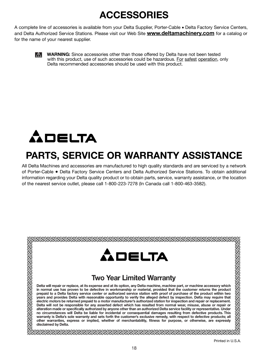 Delta 31-695 instruction manual Accessories PARTS, Service or Warranty Assistance 