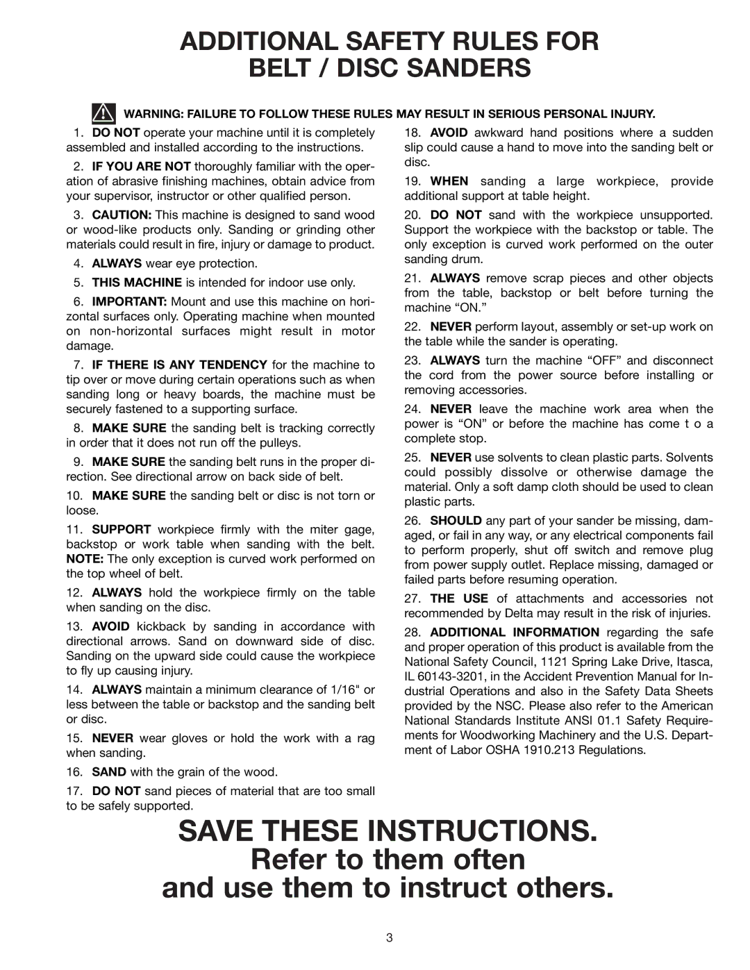 Delta 31-695 Refer to them often Use them to instruct others, Additional Safety Rules for Belt / Disc Sanders 