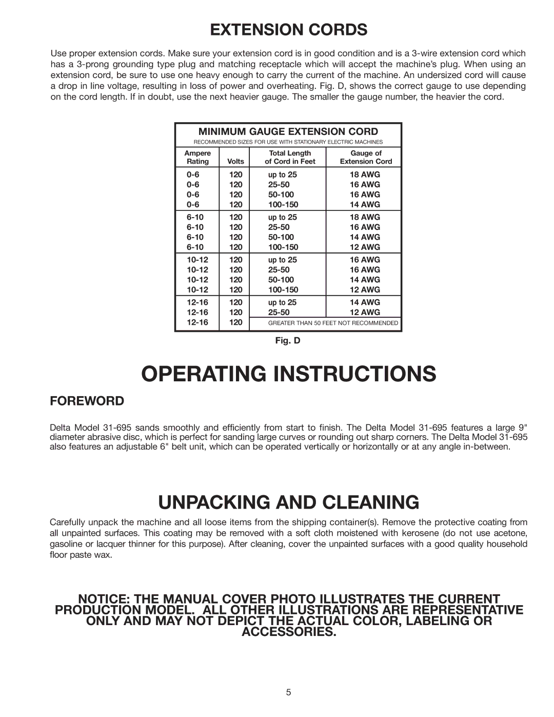 Delta 31-695 instruction manual Unpacking and Cleaning, Extension Cords 