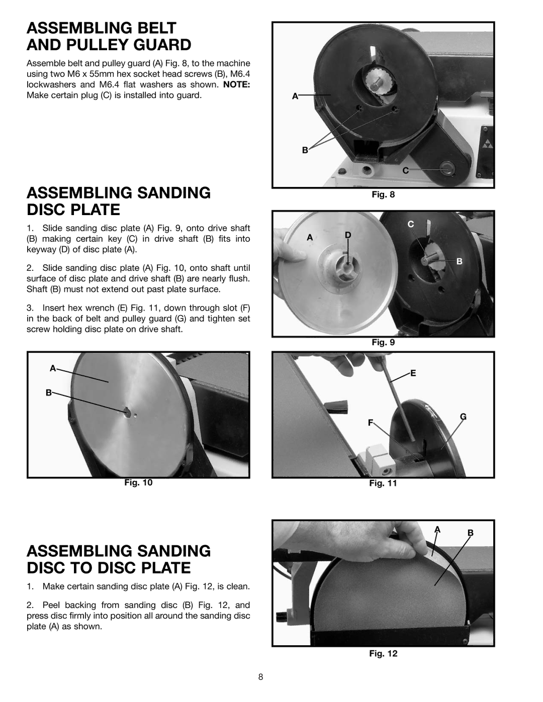 Delta 31-695 Assembling Belt Pulley Guard, Assembling Sanding Disc Plate, Assembling Sanding Disc to Disc Plate 