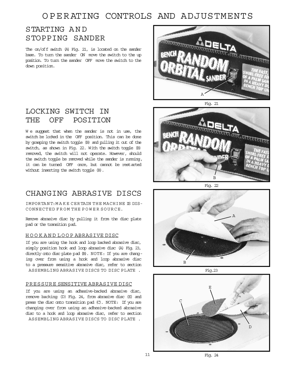 Delta 31-750 E R Ating Controls and Adjustments, Starting a N D Stopping Sander, Locking Switch OFF Position 