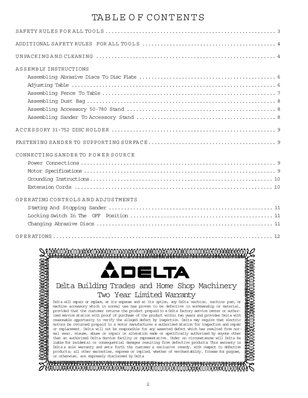 Delta 31-750 instruction manual Table O F Contents 