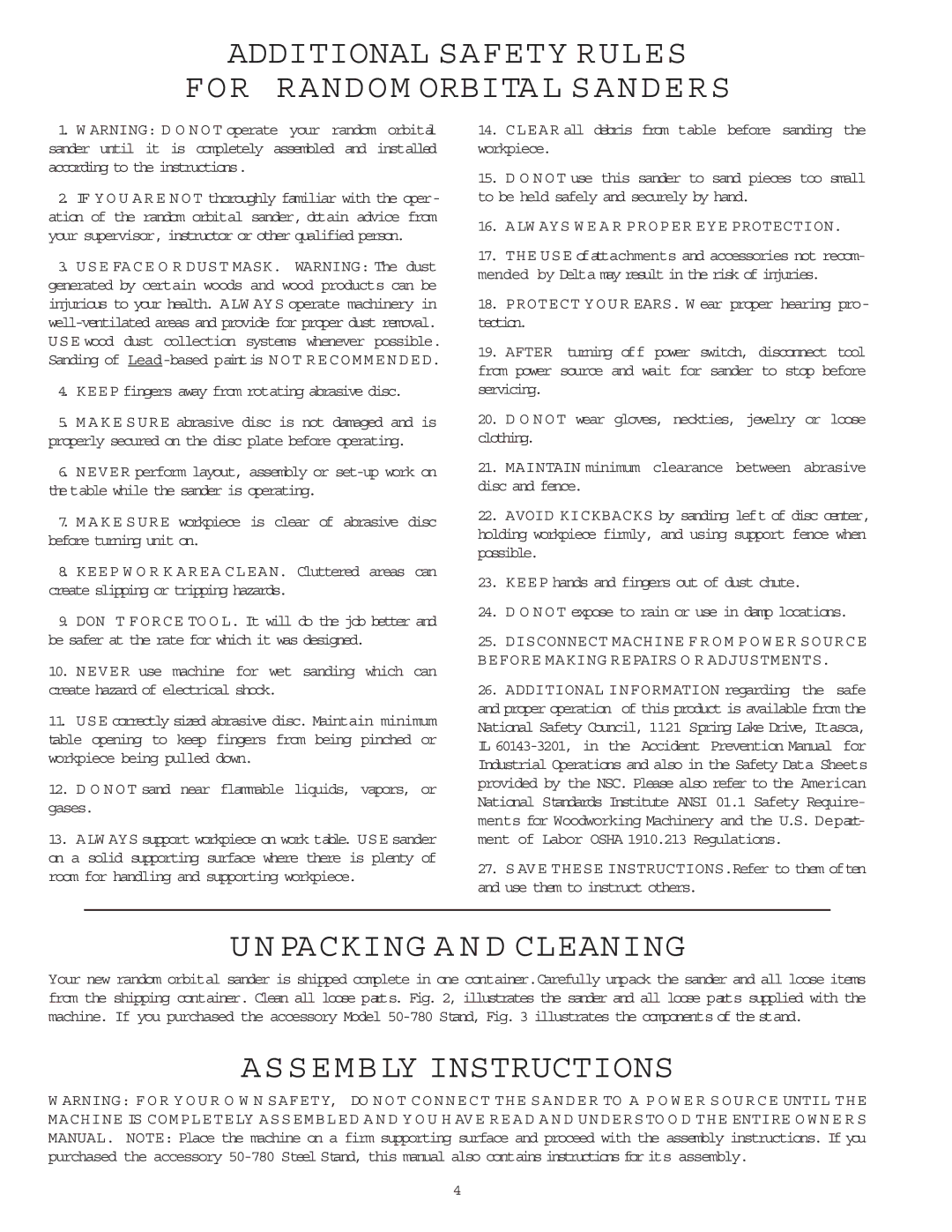 Delta 31-750 Additional Safety Rules For Random Orbital Sanders, Packing a N D Cleaning, Assembly Instructions 