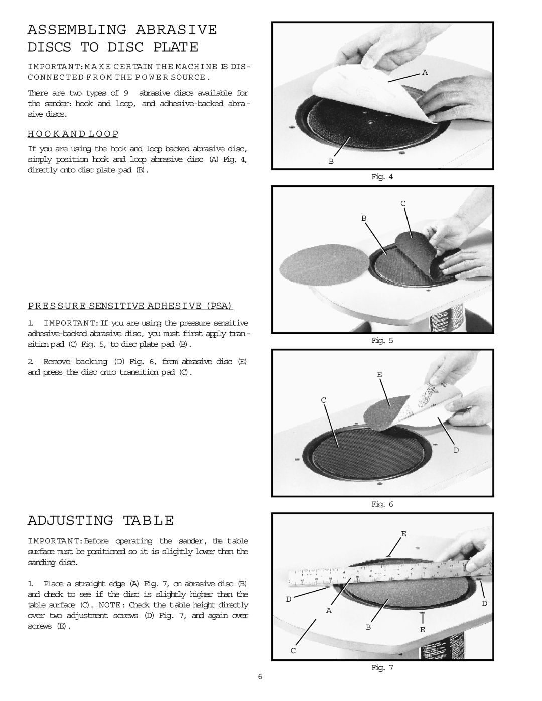 Delta 31-750 instruction manual Assembling Abrasive Discs to Disc Plate, Adjusting Table 