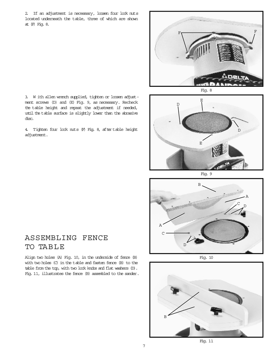 Delta 31-750 instruction manual Assembling Fence To Table, Tighten four lock nuts F , after table height adjustment 