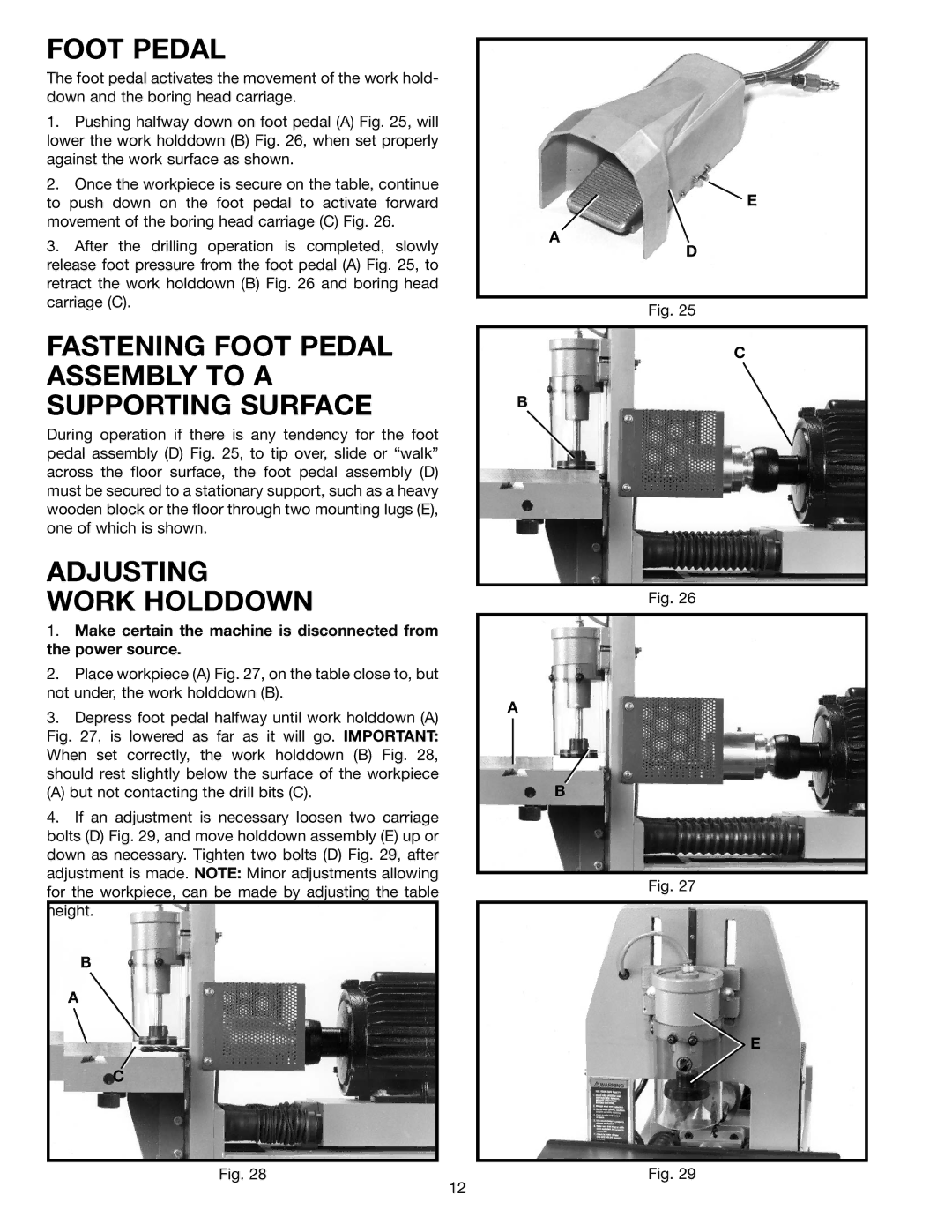 Delta 32-350 instruction manual Fastening Foot Pedal Assembly to a Supporting Surface, Adjusting Work Holddown 