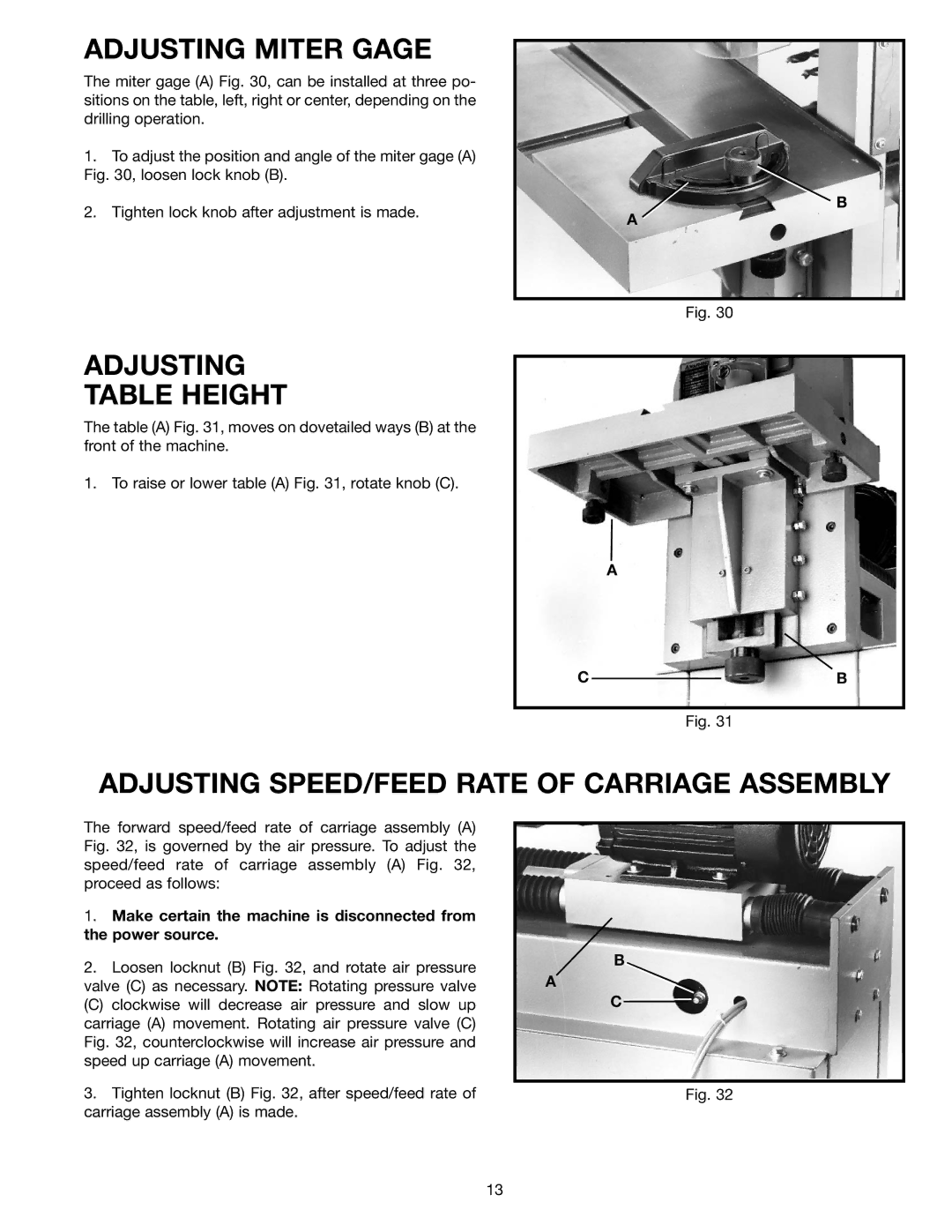 Delta 32-350 Adjusting Miter Gage, Adjusting Table Height, Adjusting SPEED/FEED Rate of Carriage Assembly 