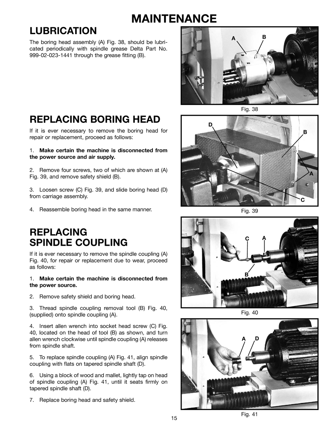 Delta 32-350 instruction manual Maintenance, Lubrication, Replacing Boring Head, Replacing Spindle Coupling 