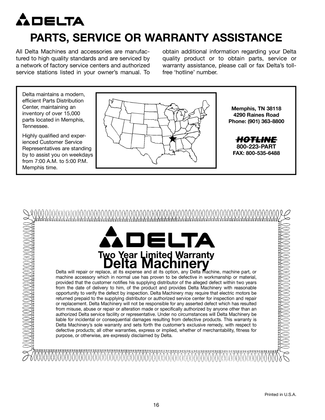 Delta 32-350 instruction manual PARTS, Service or Warranty Assistance, Part 