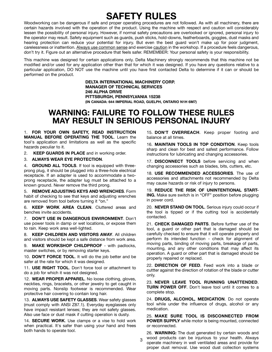 Delta 32-350 instruction manual Safety Rules, Alpha Drive PITTSBURGH, Pennsylvania 