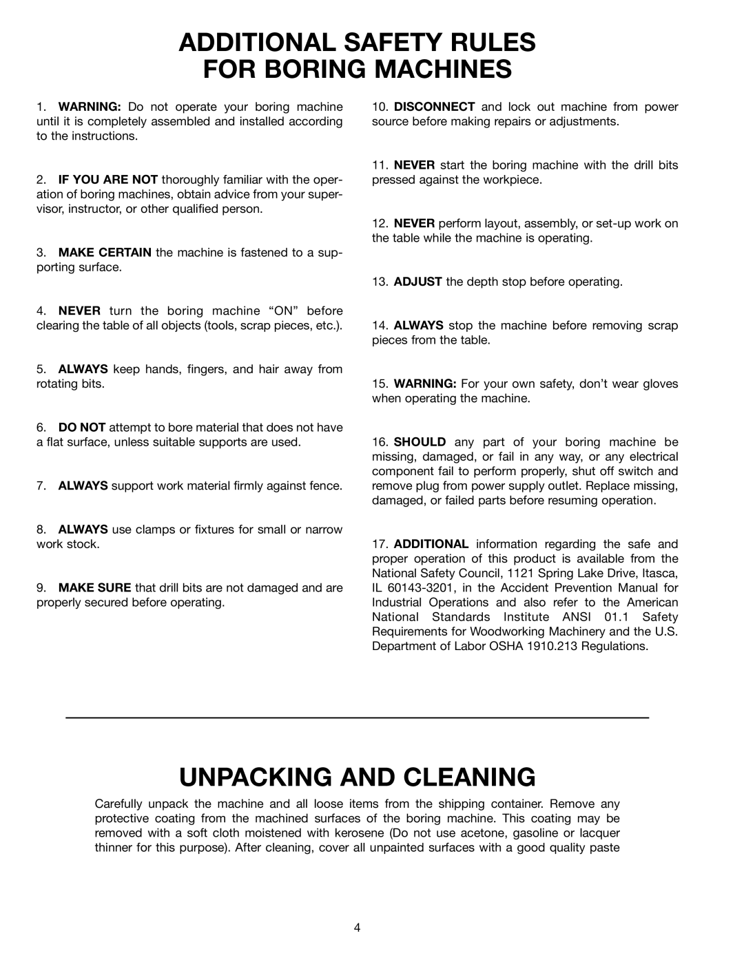 Delta 32-350 instruction manual Additional Safety Rules For Boring Machines, Unpacking and Cleaning 