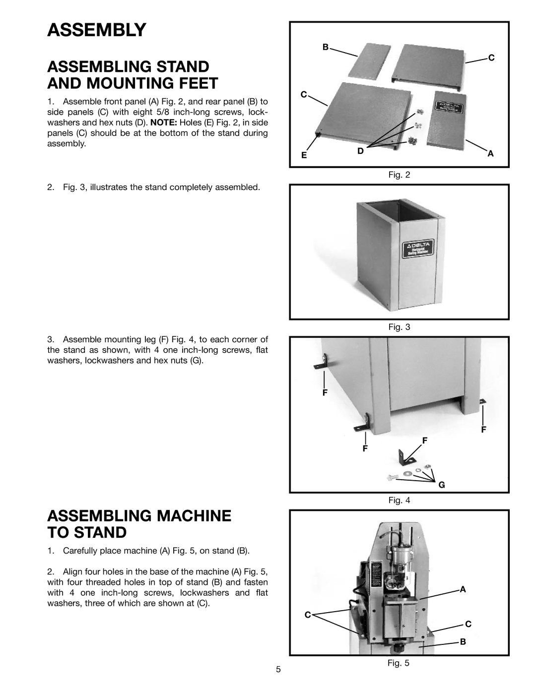 Delta 32-350 instruction manual Assembly, Assembling Stand Mounting Feet, Assembling Machine to Stand 