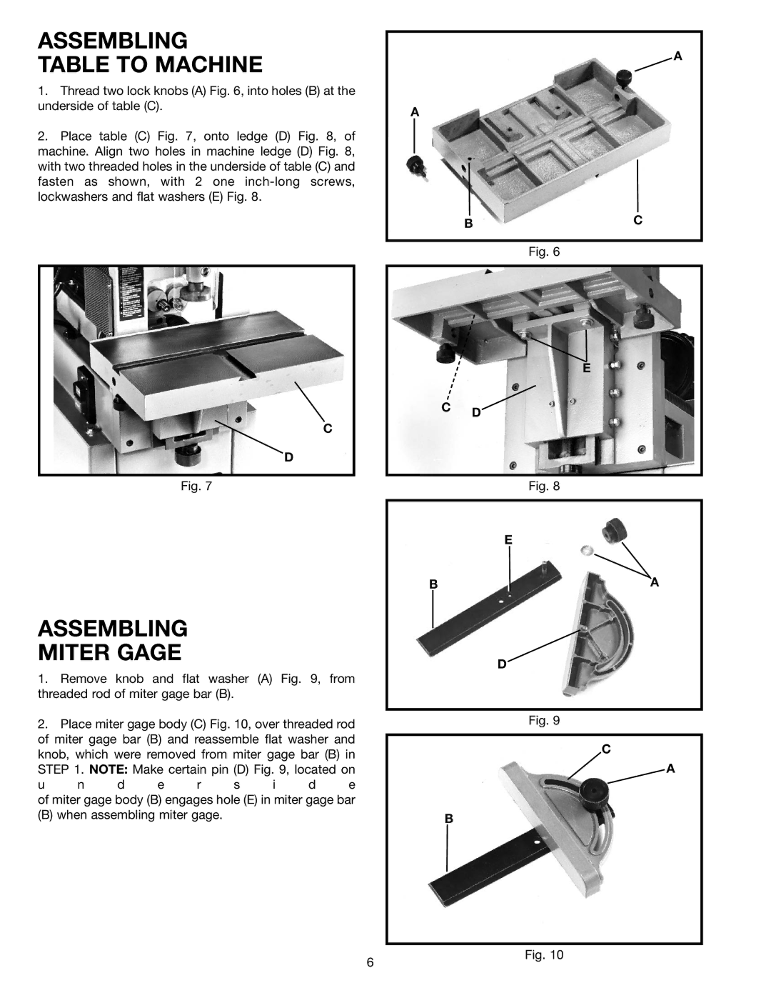 Delta 32-350 instruction manual Assembling Table to Machine, Assembling Miter Gage 