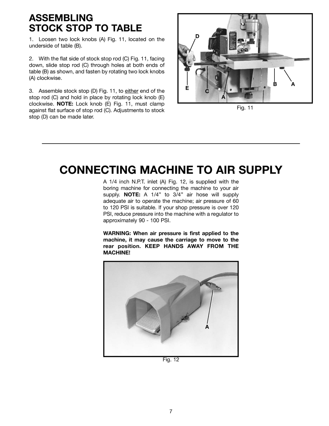 Delta 32-350 instruction manual Connecting Machine to AIR Supply, Assembling Stock Stop to Table 