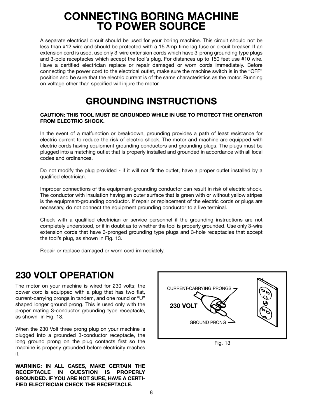 Delta 32-350 instruction manual Connecting Boring Machine To Power Source, Grounding Instructions, Volt Operation 