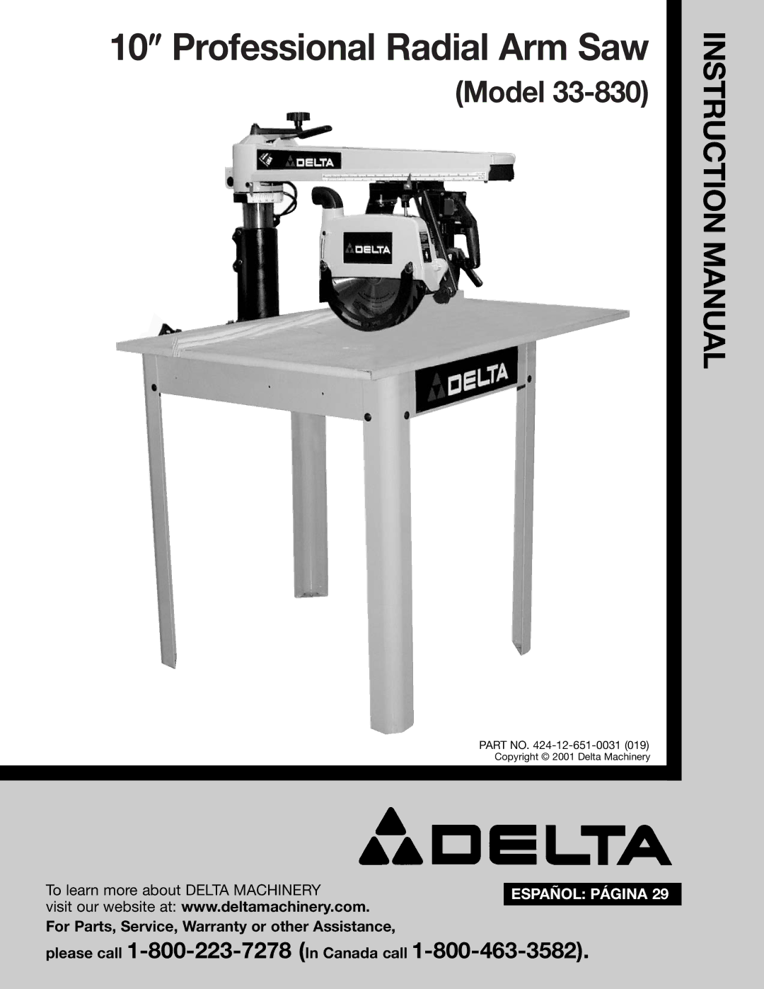 Delta 33-830 instruction manual 10″ Professional Radial Arm Saw 