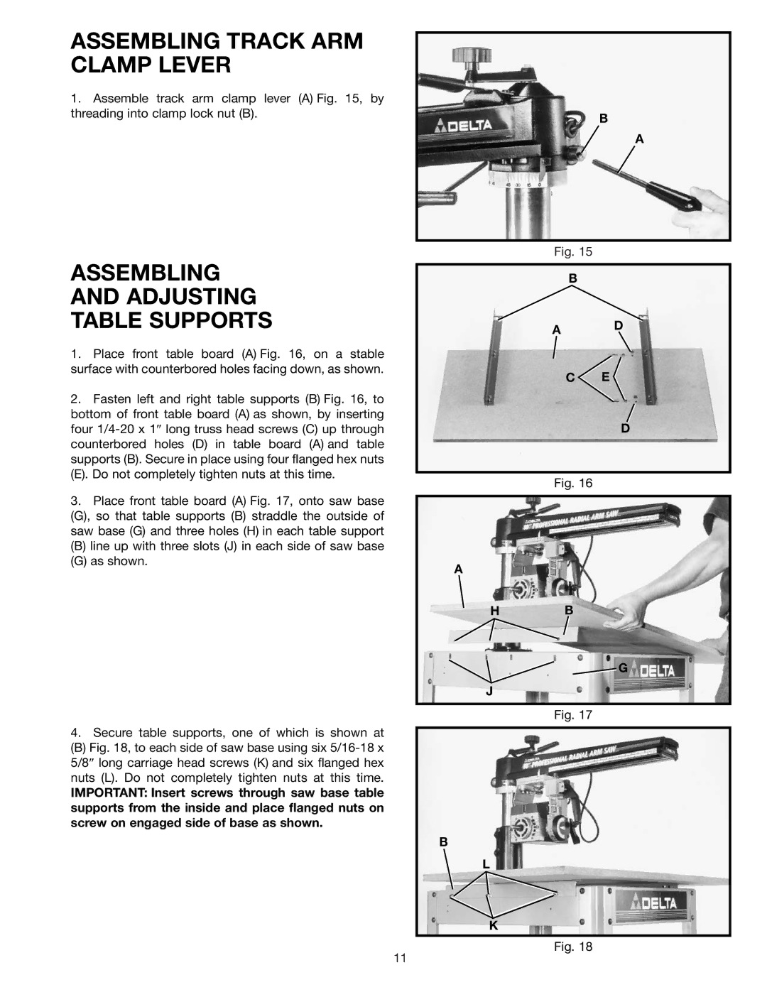 Delta 33-830 instruction manual Assembling Track ARM Clamp Lever, Assembling Adjusting Table Supports 