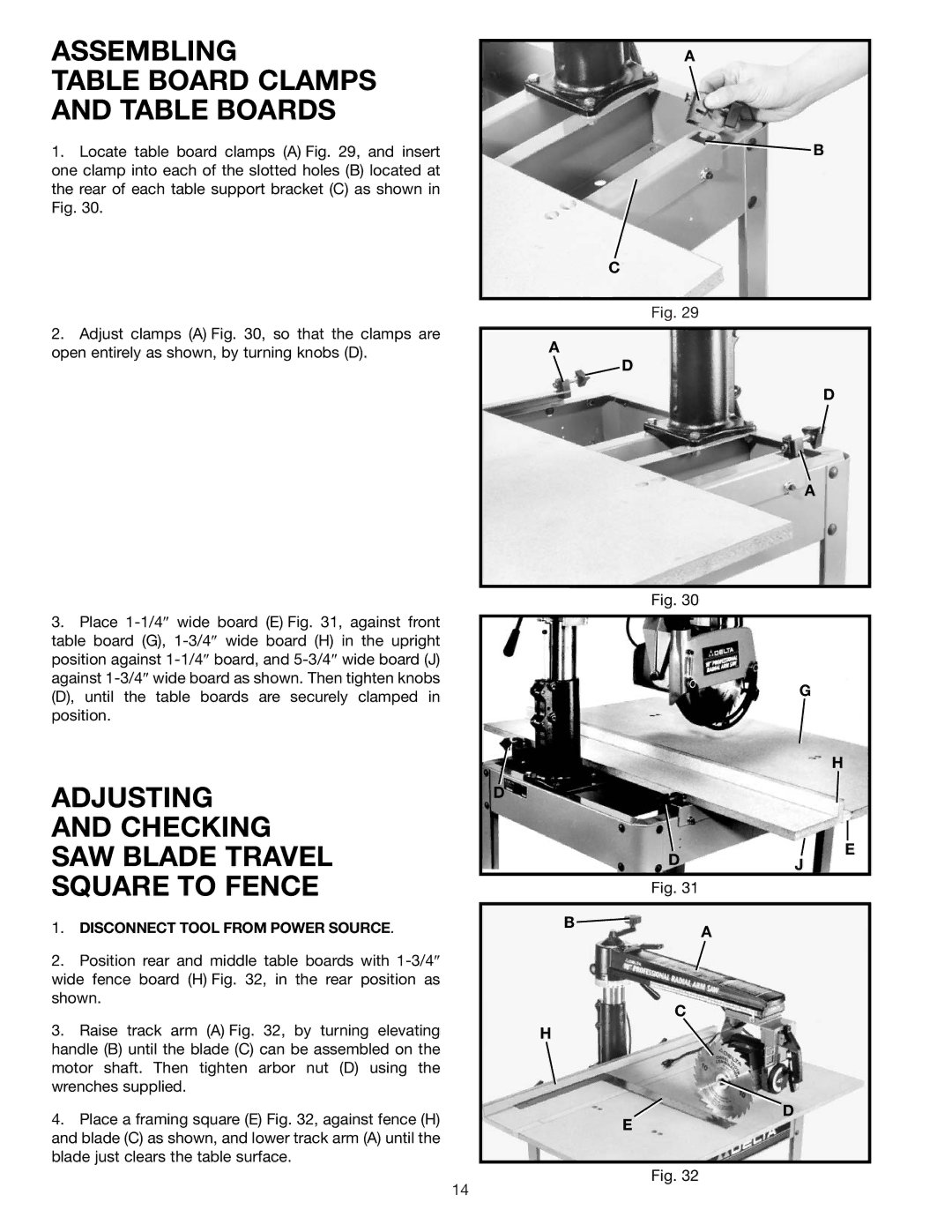 Delta 33-830 Assembling Table Board Clamps and Table Boards, Adjusting and Checking SAW Blade Travel Square to Fence 