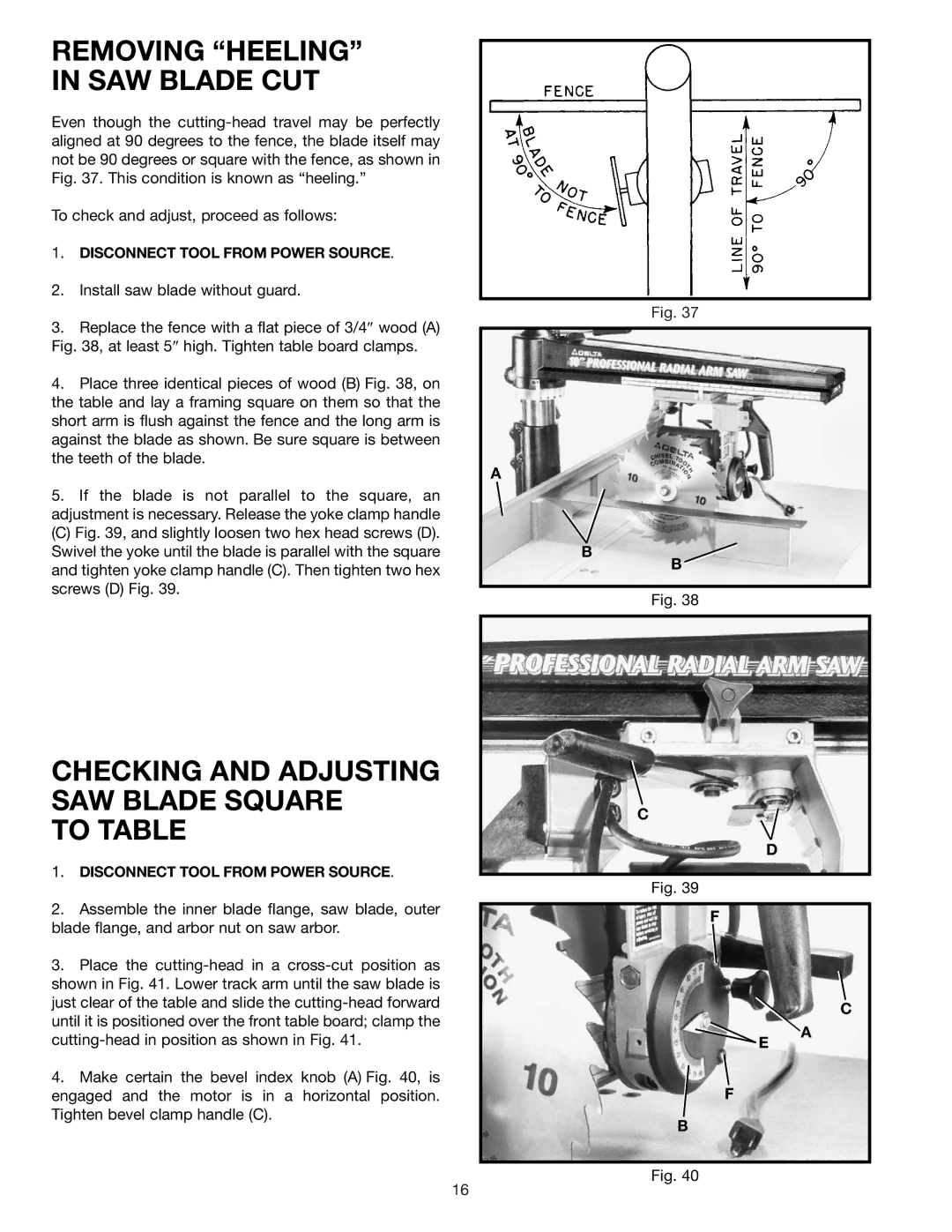 Delta 33-830 instruction manual Removing Heeling in SAW Blade CUT, Checking and Adjusting SAW Blade Square To Table 