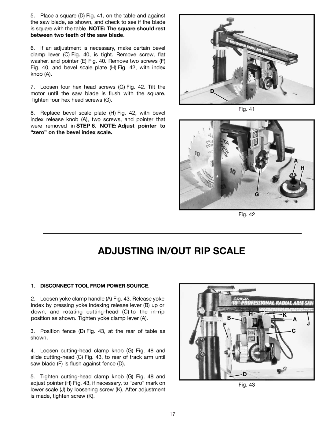 Delta 33-830 instruction manual Adjusting IN/OUT RIP Scale 