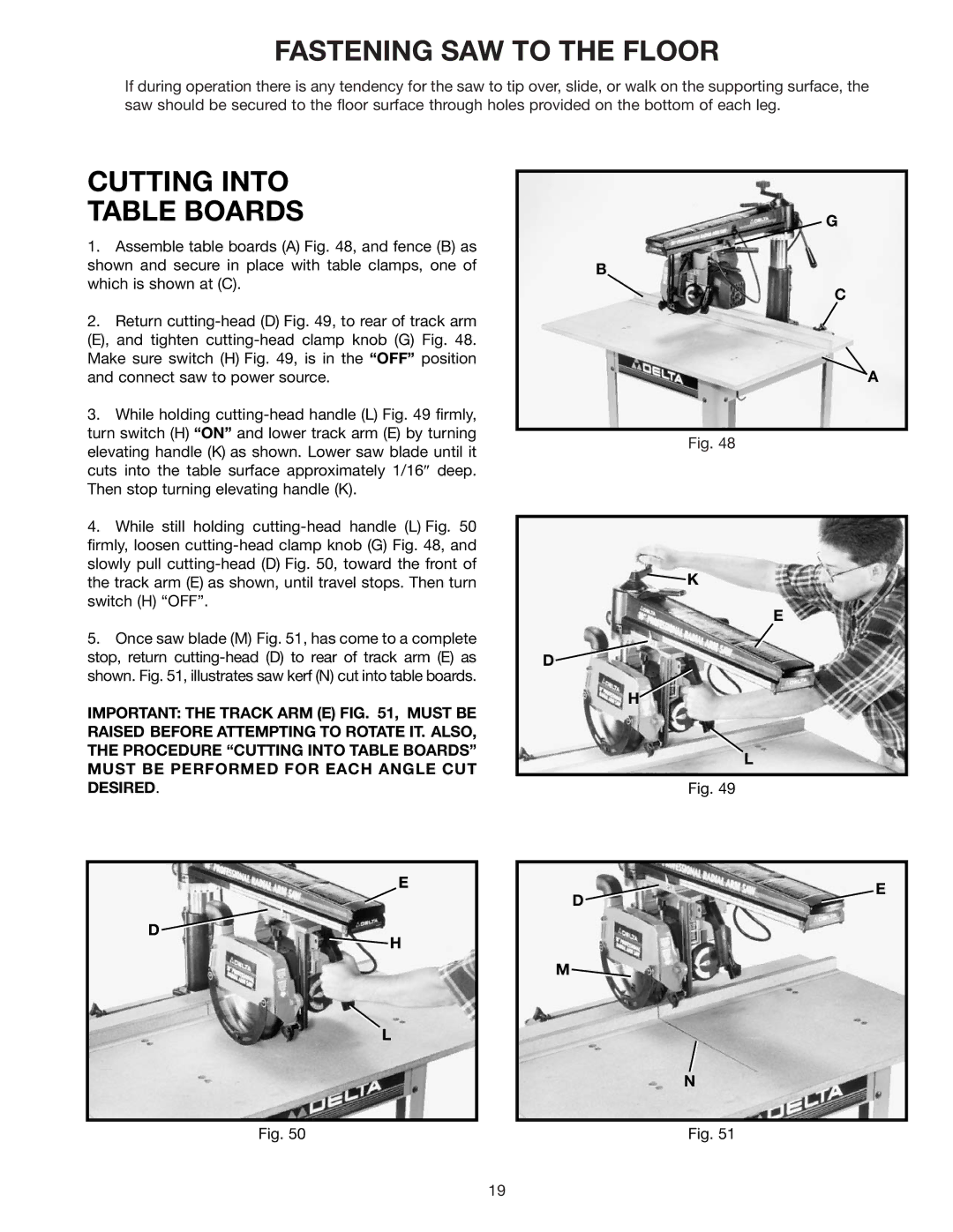 Delta 33-830 instruction manual Fastening SAW to the Floor, Cutting Into Table Boards 