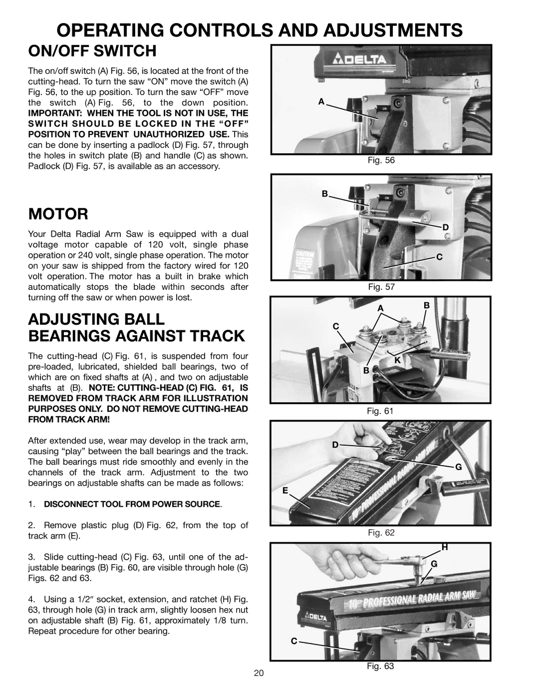 Delta 33-830 instruction manual ON/OFF Switch, Motor, Adjusting Ball Bearings Against Track 