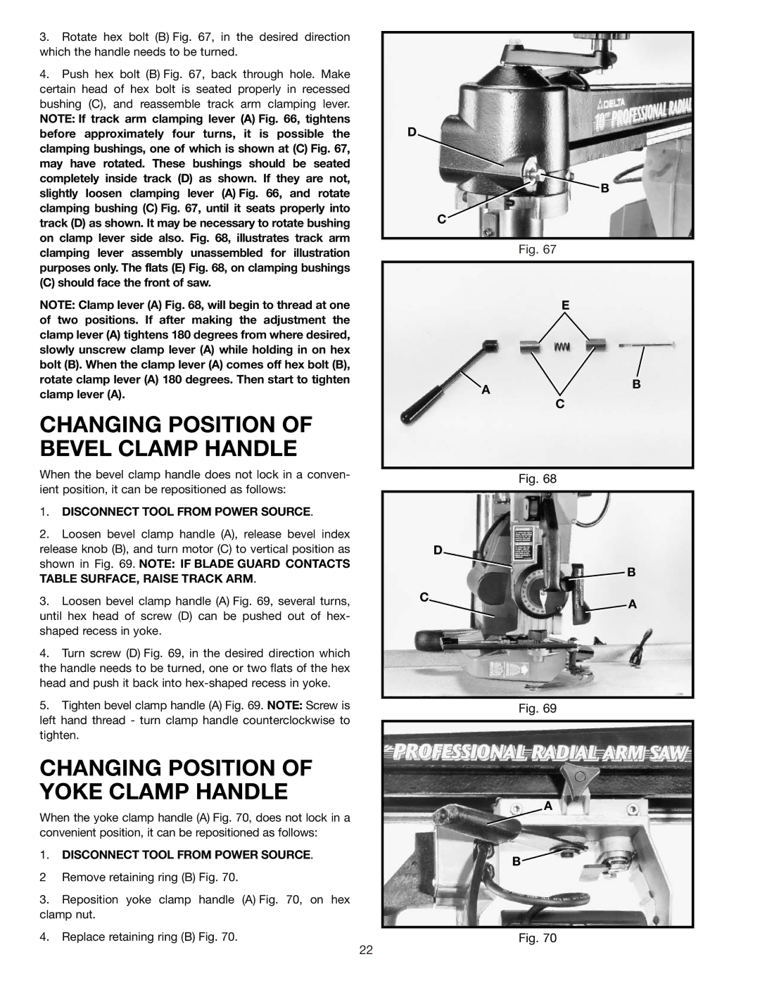 Delta 33-830 instruction manual Changing Position of Bevel Clamp Handle, Changing Position of Yoke Clamp Handle 