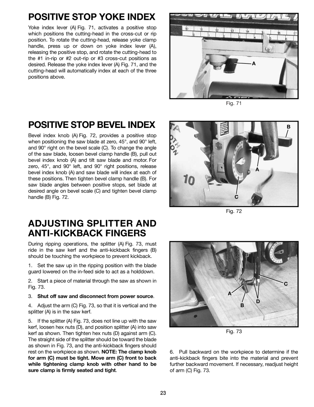 Delta 33-830 Positive Stop Yoke Index, Positive Stop Bevel Index, Adjusting Splitter and ANTI-KICKBACK Fingers 