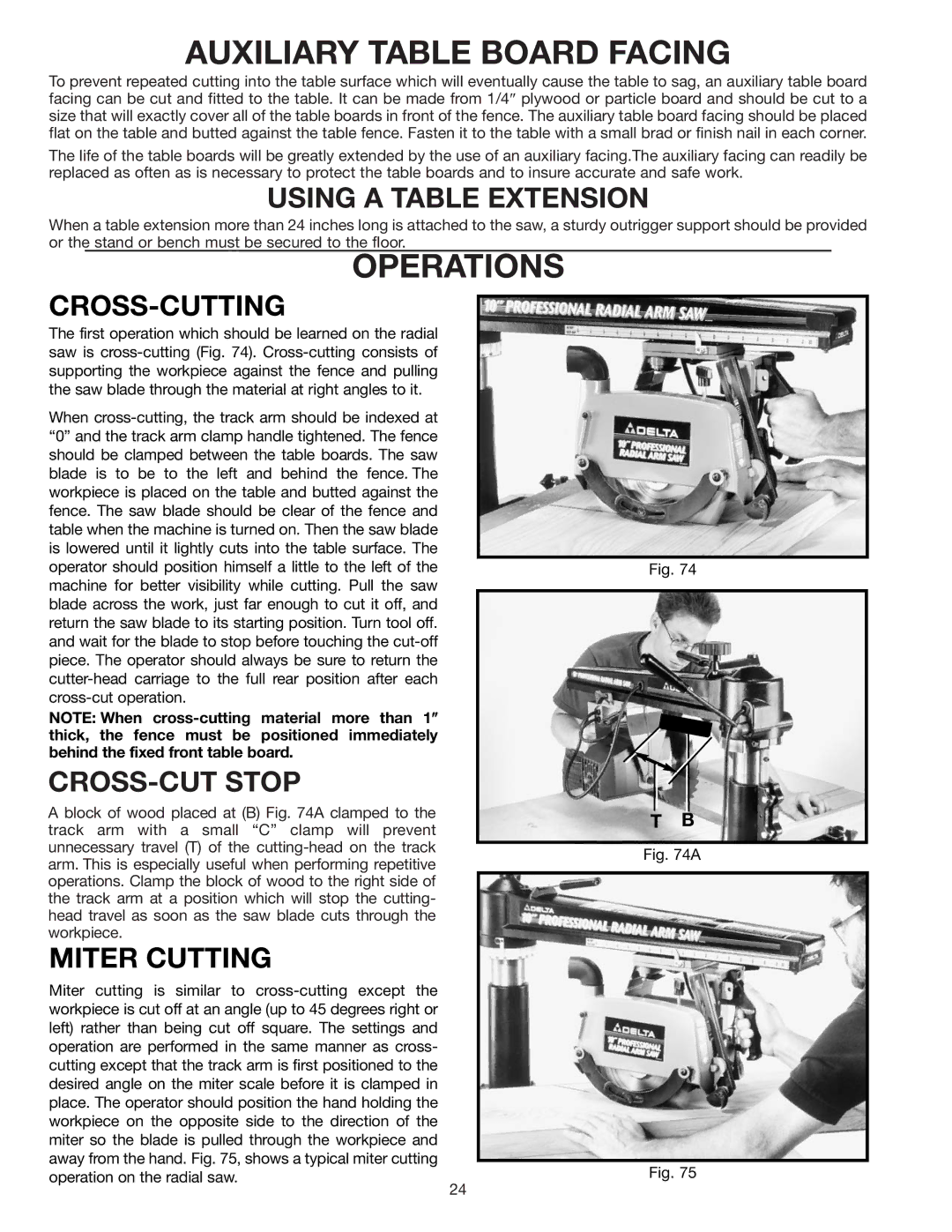 Delta 33-830 instruction manual Auxiliary Table Board Facing, Operations, Using a Table Extension, CROSS-CUT Stop 