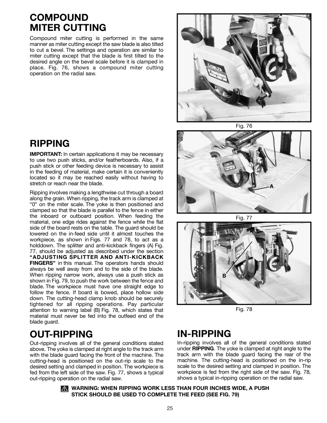 Delta 33-830 instruction manual Compound Miter Cutting, Out-Ripping, In-Ripping 