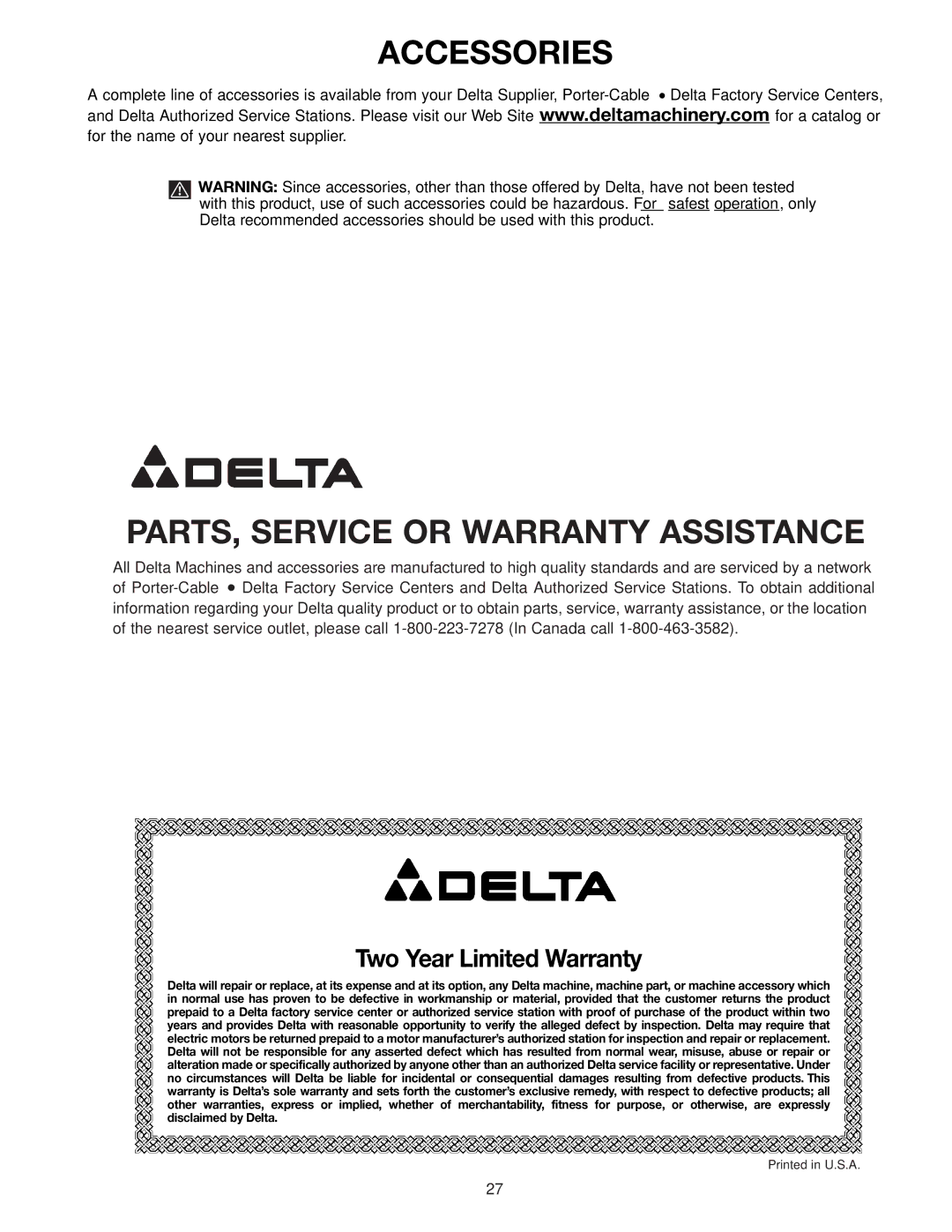 Delta 33-830 instruction manual PARTS, Service or Warranty Assistance, Two Year Limited Warranty 