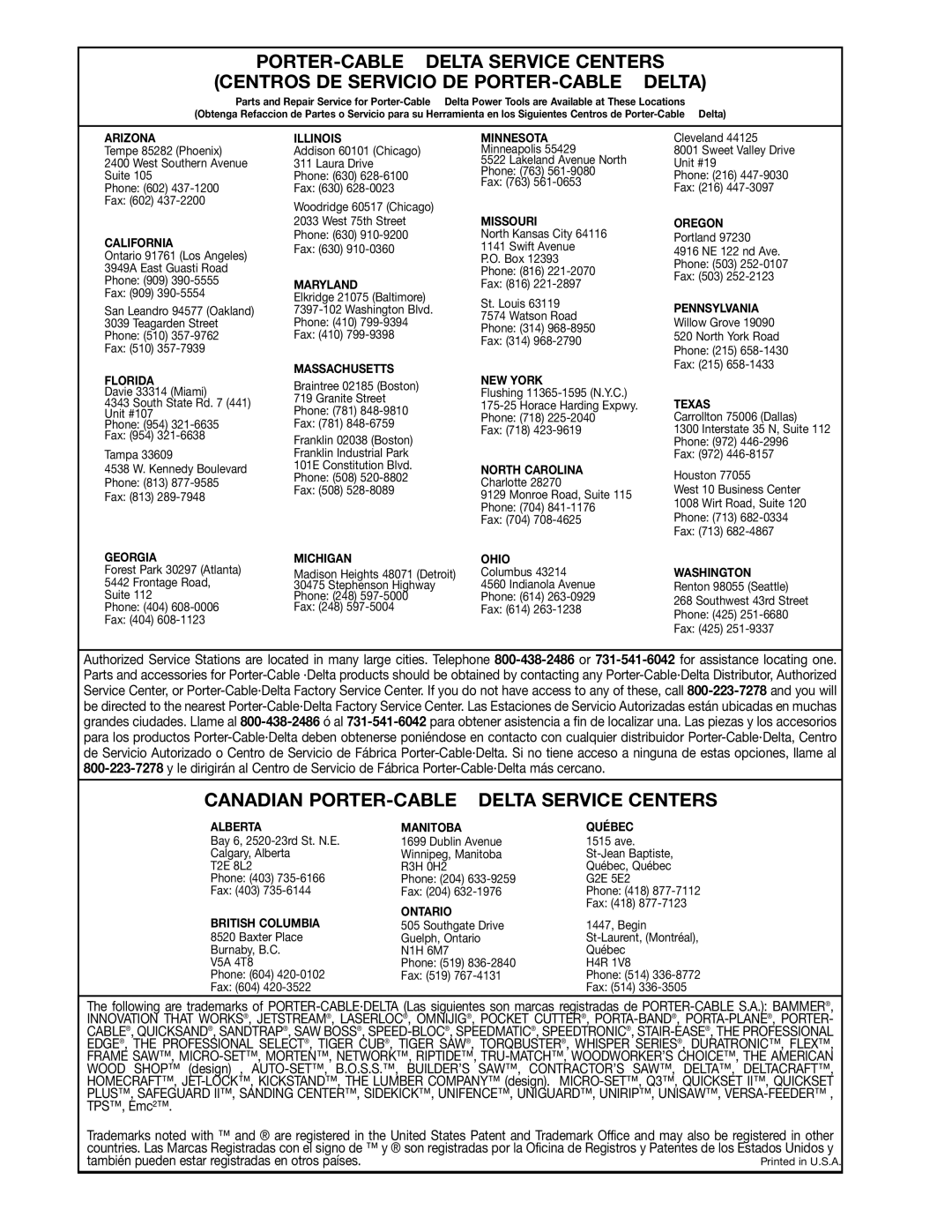 Delta 33-830 instruction manual Canadian PORTER-CABLE Delta Service Centers 