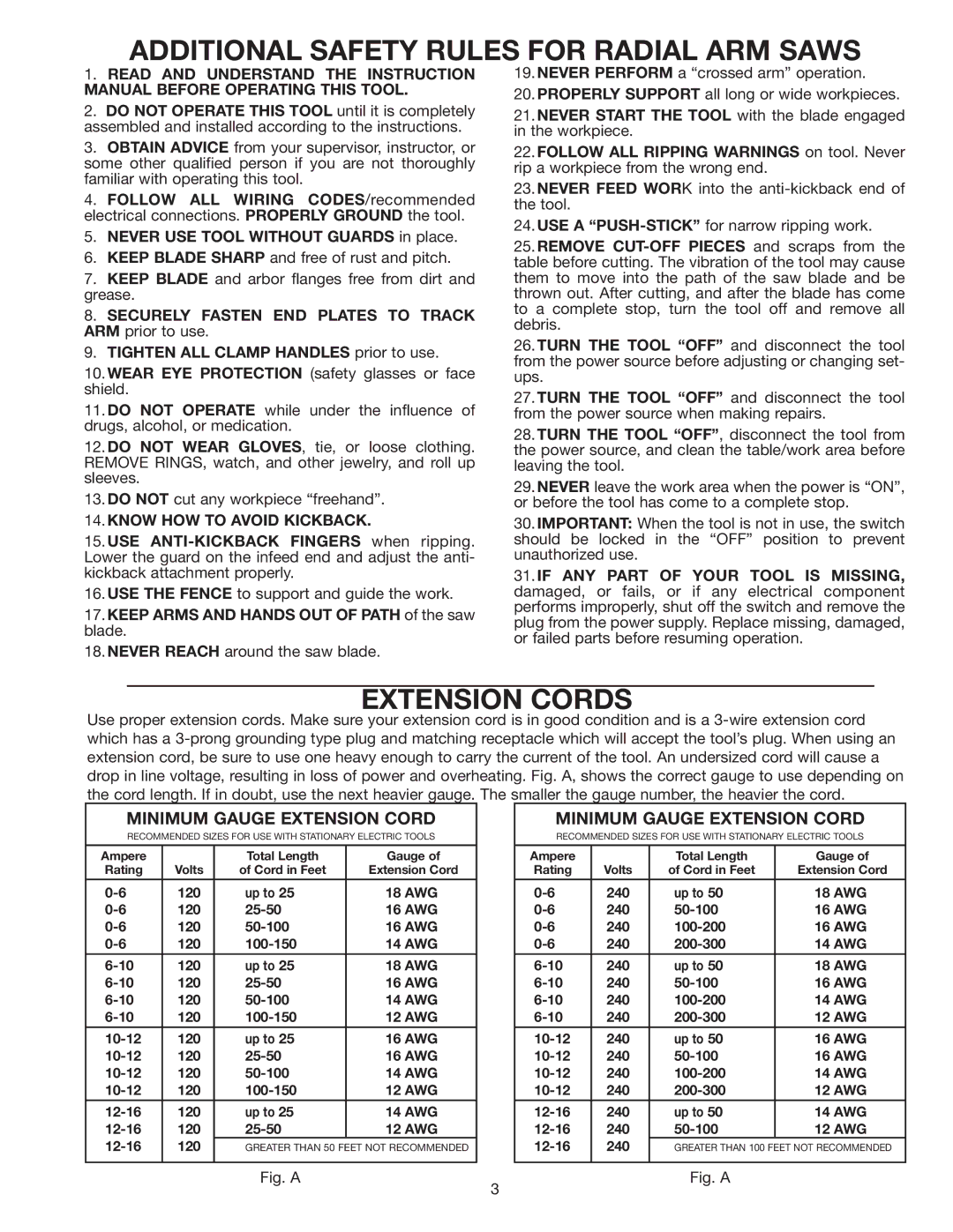 Delta 33-830 instruction manual Additional Safety Rules for Radial ARM Saws, Extension Cords 