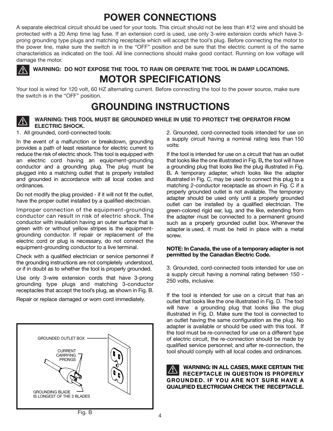 Delta 33-830 instruction manual Power Connections, Motor Specifications, Grounding Instructions 